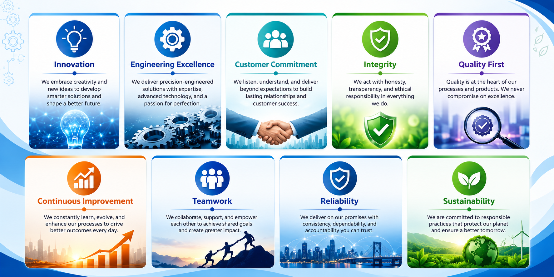 OMNI AXIS TECH Core Values Infographic: Innovation, Engineering Excellence, Customer Commitment, Integrity, Quality First, Continuous Improvement, Teamwork, Reliability, Sustainability